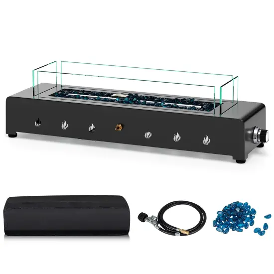 Black Metal Tabletop Fire Pit with Glass Rocks, 40,000 BTU and Adjustable Flame {1}