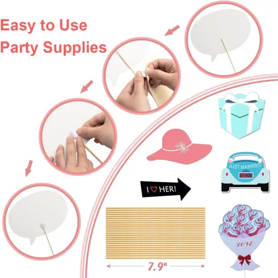 52PCS Wedding Photo Booth Props with Stick Bridal Shower Photo Booth Props Funny Photo Props, Wedding Party Supplies for Bride Groom, Bachelorette Wedding Party Decorations for Men Women Selfie Props {4}