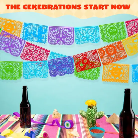 Cinco de Mayo Plastic Papel Picado Banner(4 pack with 8 Multicolor Plastic Flags per Banner), Mexican Party Banners for Fiesta Party Decorations, Dia Muertos Decor {2}