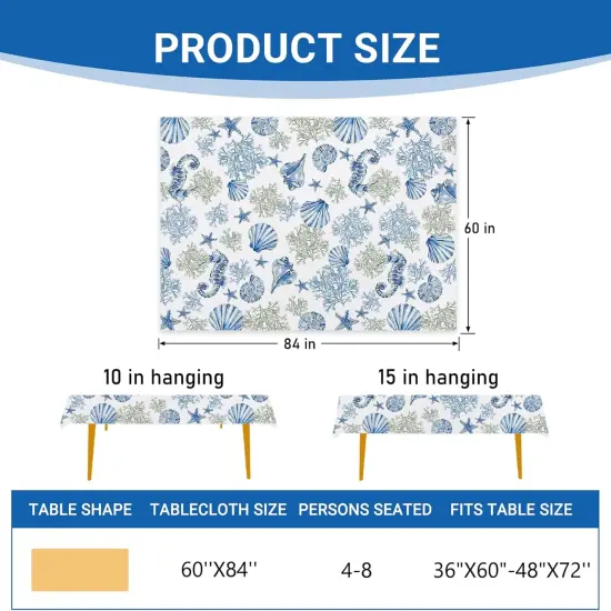 Blue Beach Tablecloth 60 x 84 Inches &ndash; Coastal Ocean Table Cover with Conch, Coral, Starfish & Seahorse for Summer Dining, Picnic, or Party Decor {2}