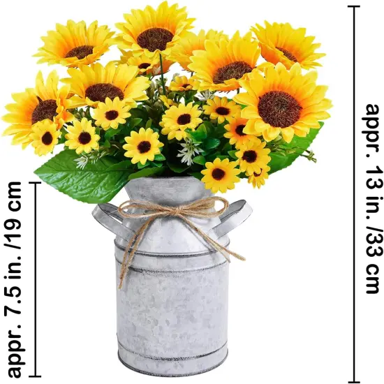 Summer Farmhouse Sunflowers &ndash; 13" Metal Milk Jug with Artificial Sunflower Bunches for Rustic Home & Kitchen Decor Floral Arrangements {2}