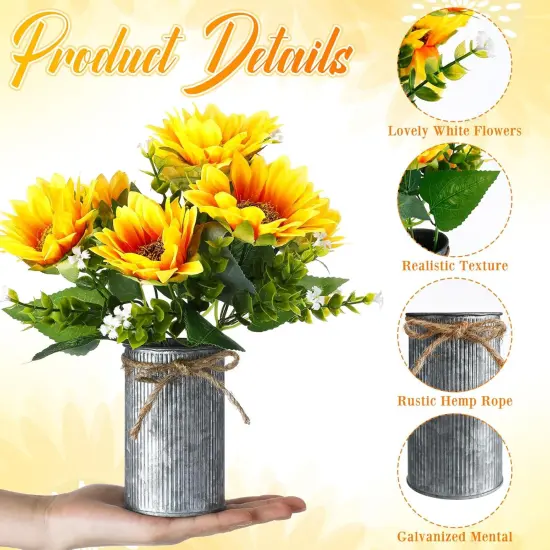 Summer Sunflower Sets &ndash; 6 Sets Artificial Sunflowers in Vintage Metal Pots, Rustic Faux Flower Decor for Tables & Centerpieces {3}