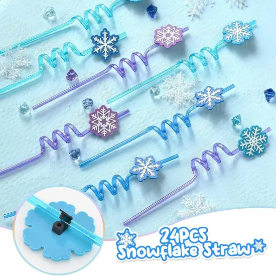 Snowflake Plastic Drinking Straws Frozen Party Favors, 24Pcs Reusable Straws Disposable Bulk, Goodie Bag Stuffers Classroom Prizes Winter Summer Kids Girls Elsa Frozen Birthday Party Supplies {3}