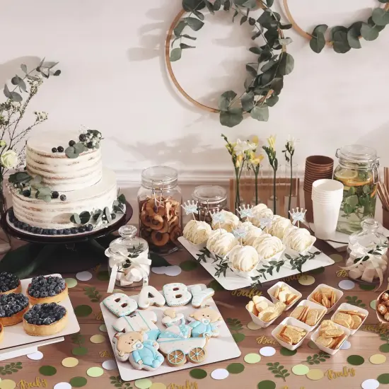 400 Pcs Greenery Baby Shower Confetti Scatter Decorations Green Brown White Table Confetti Dots with Eucalyptus and Gold Scatter for Baby Shower Gender Reveal Decor {4}