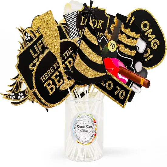 Adult 70th Birthday Photo Booth Props(41Pcs) for Her Him Cheers to 70 Years Birthday Party, Gold and Red Decorations {2}