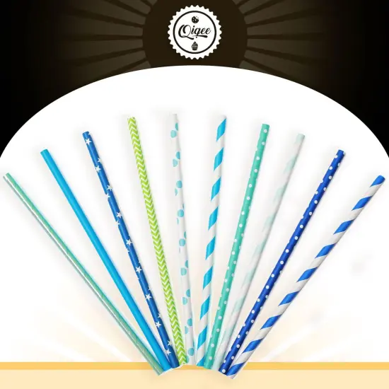 Blue Paper Straws 150pcs Disposable Bulk(10 Pattern) {3}