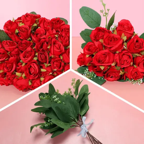 108 Pcs Artificial Silk Rose Bouquet Flowers - Red {2}