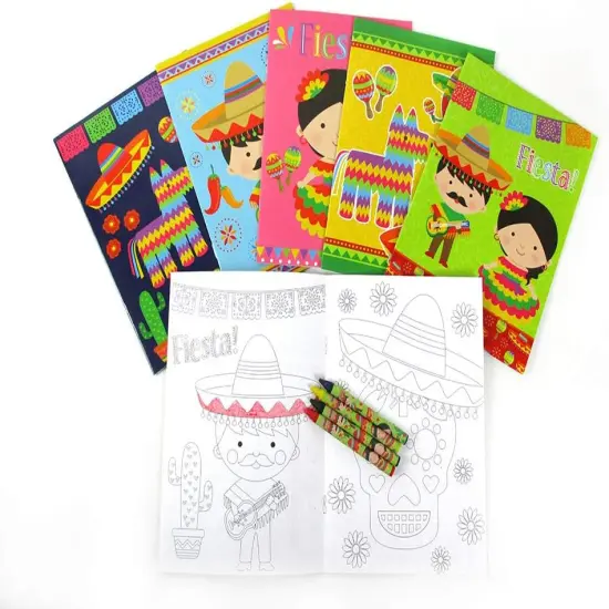 TINYMILLS Mexican Fiesta Coloring Book Set for Kids Party Favors with 12 Coloring Books and 48 Crayons Fiesta Party Favor Bag Filler Spanish Classroom Rewards Cinco de Mayo Party Favors {2}