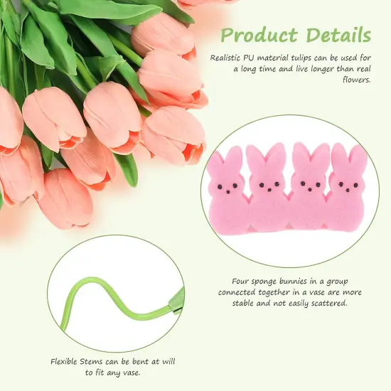 Easter Decorations, 16 Artificial Tulips with 48 Bunnies and a Bag of Eggs Vase Filler Set, Easter Centerpiece Table Decorations, Spring Home Decoration for Tables (Pink) {4}