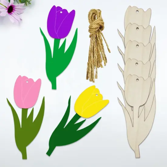 20 Pcs 6 Inch Unfinished Wood Tulip Flower Cutouts DIY Crafts Wooden Tulips Shaped Hanging Ornaments with Hole Hemp Ropes for Spring Party Decoration {3}