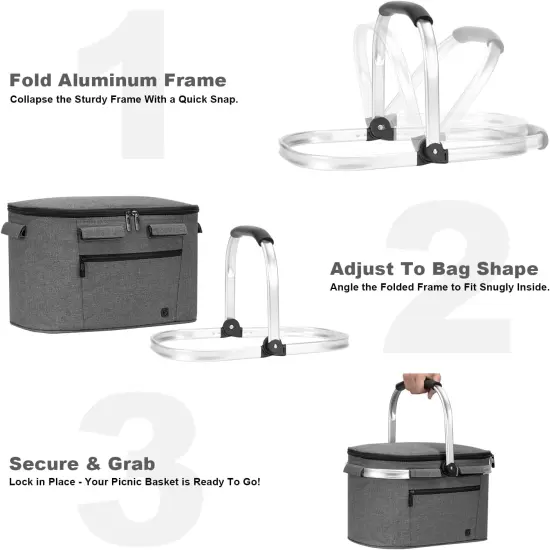 Insulated Cooler Bag Portable Collapsible Picnic Basket Cooler Bag Collapsible, Leakproof, Lightweightwith Sewn in Frame (Medium Gray {2}