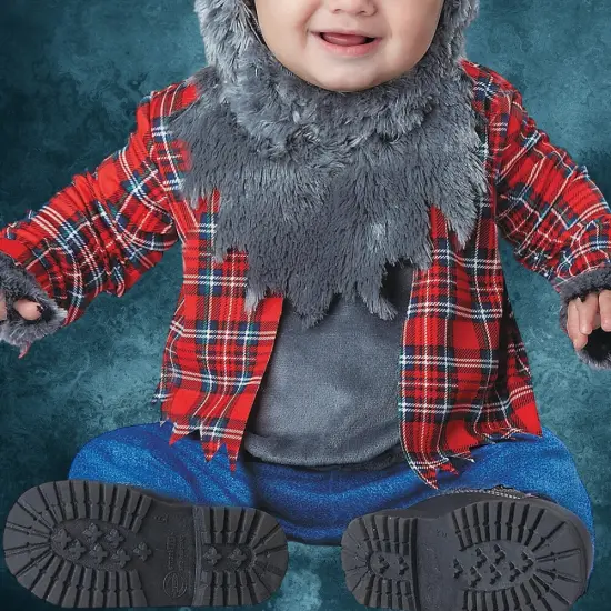 Infant Wittle Werewolf Costume with Fur Hood and Plaid Shirt {4}