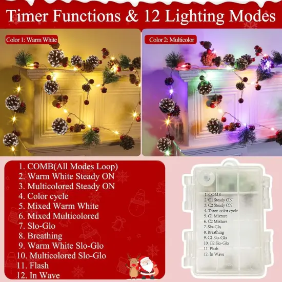 Christmas Garland with Warm White & Colored Lights, 7 Ft 20 LED Pinecone String Lights {2}