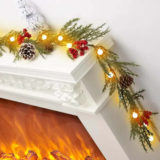 Christmas Garland with Lights, 6FT Artificial Red Berry Xmas Garland and Pinecones {6}