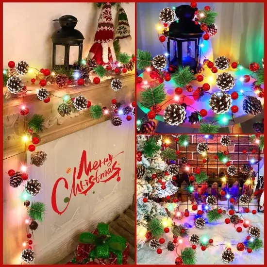 Christmas Garland with Warm White & Colored Lights, 7 Ft 20 LED Pinecone String Lights {6}