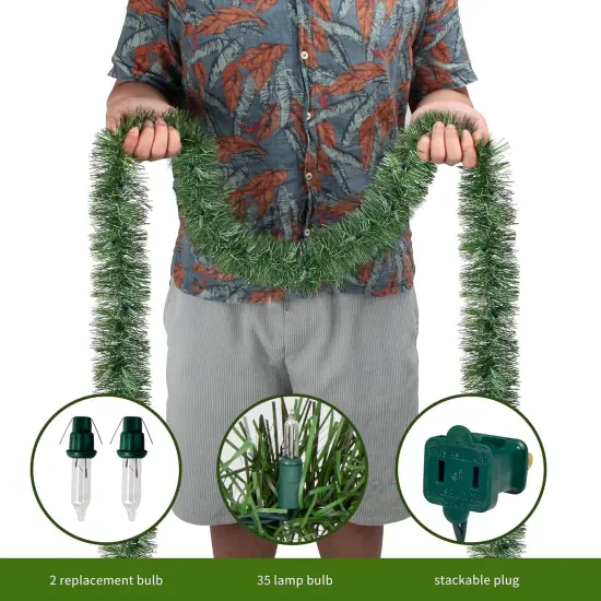 49FT Lighted Christmas Green Garland with 100 Count Clear String Lights {5}