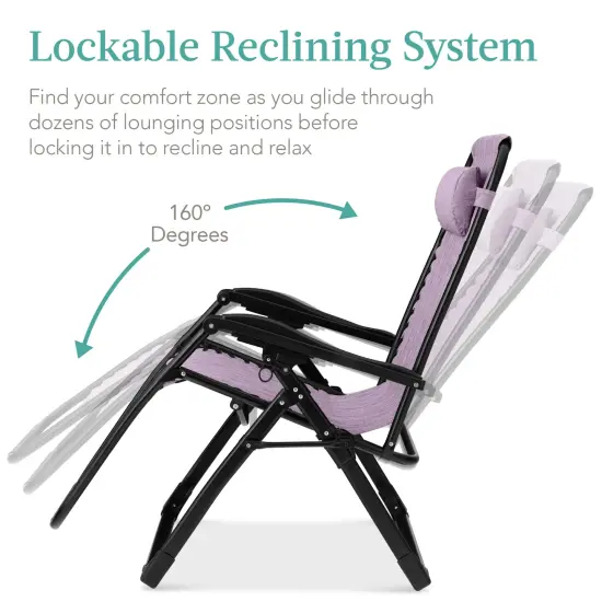 Best Choice Products Oversized Zero Gravity Chair, Folding Recliner w/ Removable Cushion, Side Tray Lavender {5}