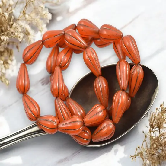 *10* 13x8mm Dark Bronze Washed Orange Opaline Melon Drop Beads {5}