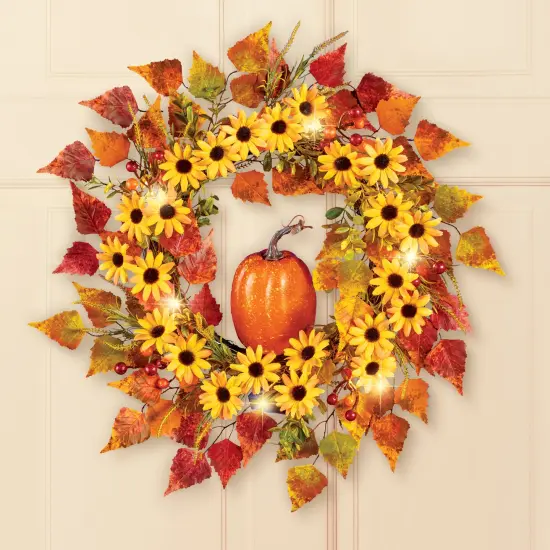 Collections Etc LED Lighted Fall Colorful Floral Pumpkin Hanging Wreath {1}