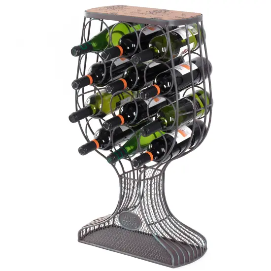 Freestanding Floor Wine Rack with Wooden and Metal Goblet Design - Holds 12 Bottles and Includes Wine Cork Holder - Stylish Bar Organizer for Home, Kitchen, Dining Area and Living Room D&eacute;cor {1}