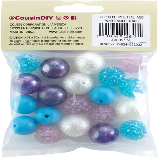 CousinDIY Bubblegum Bead 20mm 20/Pkg-Purple, Teal, White Mix {2}