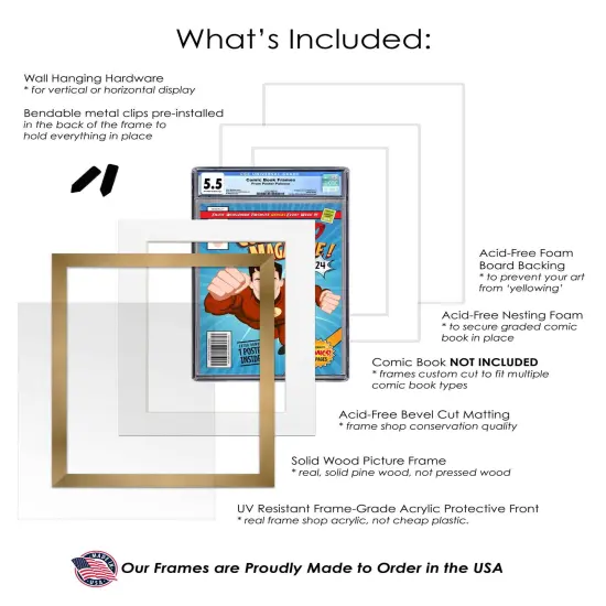 Comic Book Frame with Mat for 6 Graded Comics - Bronze Wood Comic Frame With White Mat for 8.125x13 Comics - 20.75x44.5 Frame Size {3}