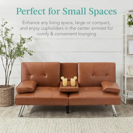 Best Choice Products Modern Faux Leather Convertible Futon Sofa w/ Removable Armrests, 2 Cupholders Tan {6}