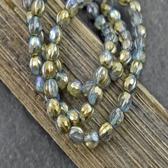 *25* 6mm Turquoise Washed Gold Lustered Crystal Faceted Round Melon Beads {2}