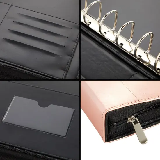 7-Ring Business Check Binder with Zipper for Checkbooks Organization, Rose Gold Zippered Portfolio Organizer, Professional PU Leather Folder Holder for Documents, Cards (15x12 in) {5}