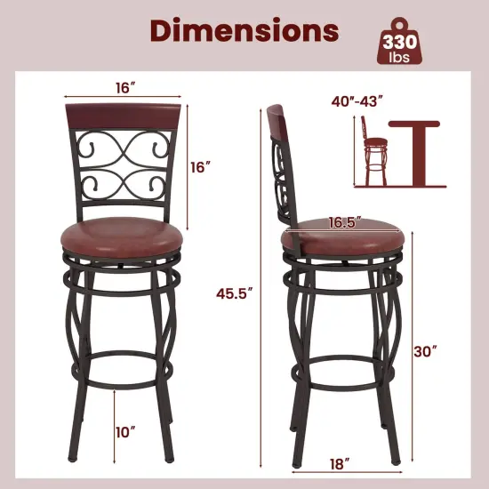 Costway Set of 2 Vintage Bar Stools 30" Swivel Padded Seat Bistro Dining Kitchen Pub Chair {3}