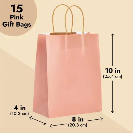 15-Pack of Pink Glossy Medium Paper Gift Bags with Handles 8x4x10 Inches for Wedding Receptions, Baby Showers, Birthday Party Favors, Bridal Shower, Decorations {3}