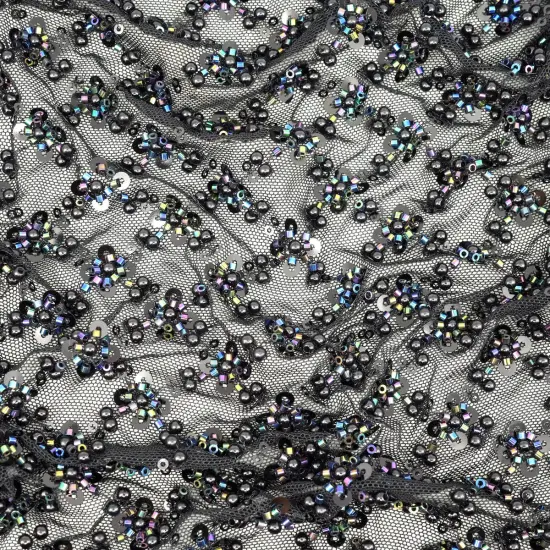 1 Yard Blossom Beaded & Sequined Stretch Mesh Fabric White {6}