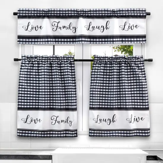 3 Piece Kitchen Curtains and Valances Set for Windows, Love Family, Laugh, Live (Black and White) {1}