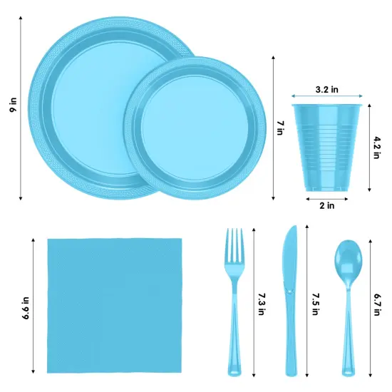 Exquisite 182 Pcs Plastic Plates for Party &ndash; Disposable Plates Set &ndash; 26 Each of 9" Dinner Plates, 7" Dessert Plates, Plastic Cups, Napkins & Plastic Cutlery &ndash; Plastic Dinnerware by Party Solids Light Blue {2}