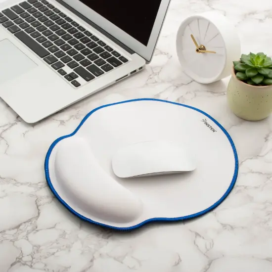 Insten Mouse Pad with Wrist Support Rest, Stitched Edge Mat, Ergonomic Support, Pain Relief Memory Foam, Round, White with Blue Edge {7}