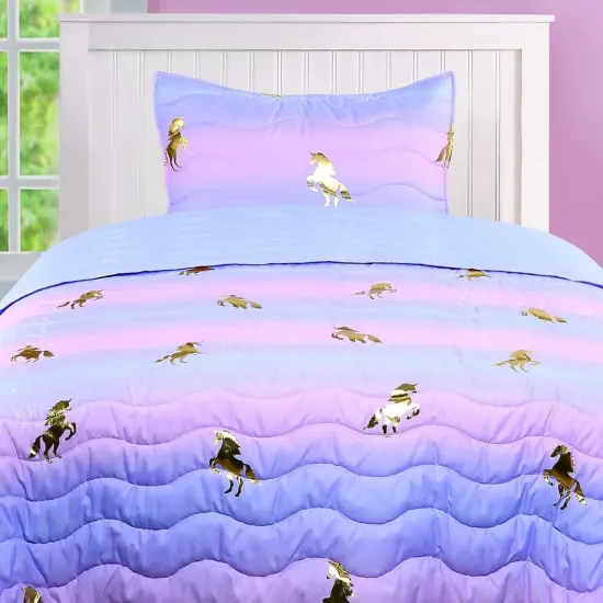 Tadpoles 2-Piece Girls Unicorn Quilt Set | 1 Twin Bed Size Quilt & 1 Standard Sham | Made of 100% Micro-denier Polyester Fiber | Soft, Smooth & Durable | Ideal for Teens | Metallic Gold Unicorns {3}