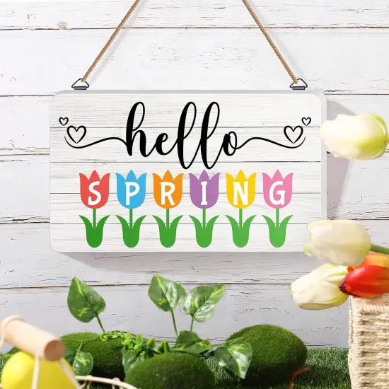 Hello Spring Wood Sign for Home Farmhouse Decor 9 x 5.3 Inch Spring Table Centerpiece Freestanding Decor Wooden Cutout Decoration {2}
