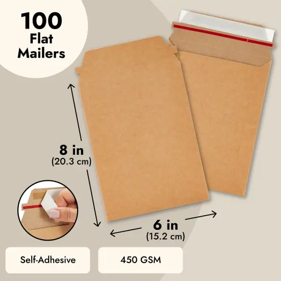 100 Pack Rigid Mailers 6x8 - 450 GSM Sturdy Self-Adhesive Kraft Paper Cardboard Envelopes for Mailing Photo, Documents, Gift Cards, CDs, Art Prints Brown {4}