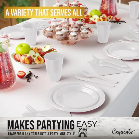 Exquisite 350 Pcs Plastic Plates for Party &ndash; Disposable Plates Set &ndash; 50 Each of 9" Dinner Plates, 7" Dessert Plates, Plastic Cups, Napkins & Plastic Cutlery &ndash; Plastic Dinnerware by Party Solids White {3}