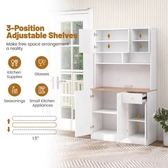 Costway 71" Tall Pantry Cabinet with Outlets USB Ports Anti-Tipping Kits Adjustable Shelves White {6}