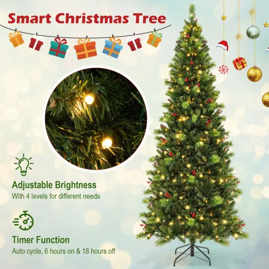 Costway 6FT/7FT/8FT Pre-Lit Artificial Christmas Tree 9 Lighting Modes with 300/400/500 LED Lights & Timer {6}