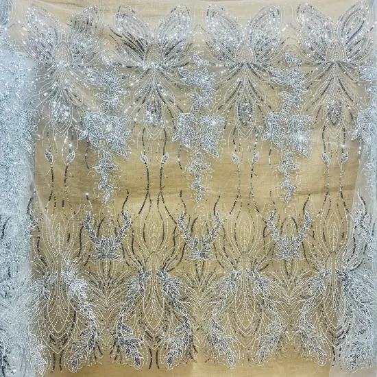 1 Yard Silver Beaded & Sequined Embroidered Lace Fabric on 100% Polyester Mesh, 52" Wide White {6}