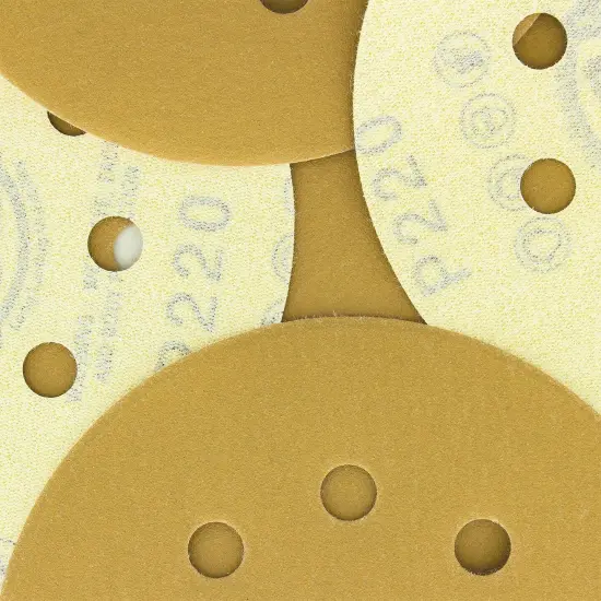 220 Grit - 5" Gold DA Sanding Discs - 8-Hole Pattern Hook and Loop - Box of 50 {3}