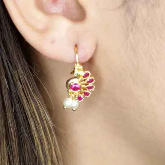 Indian Peacock Earrings for Women - Indian Jhumka Earrings for Women Small Tops Earring in Golden Tone Faux Pearl Bollywood Style Dangle Earring Chandelier Jhumki Jewelry for Bride RubyGreen {2}