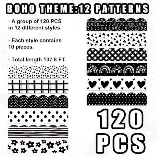 137.8Ft Boho Bulletin Board Borders Black White Boho Rainbow Flower {3}
