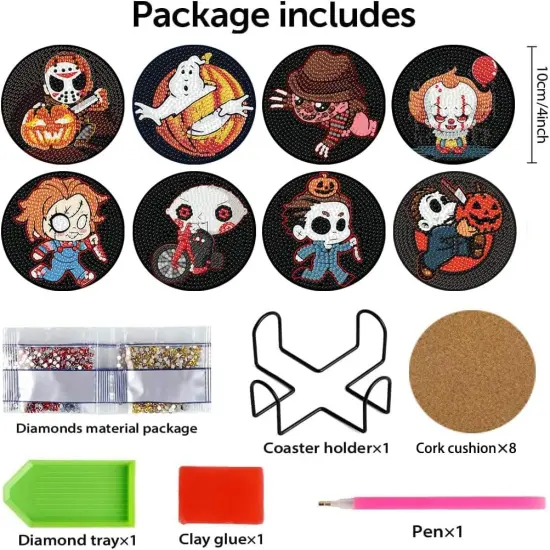 8 Pcs Diamond Painting Coasters,Halloween Diamond Painting Kits {5}