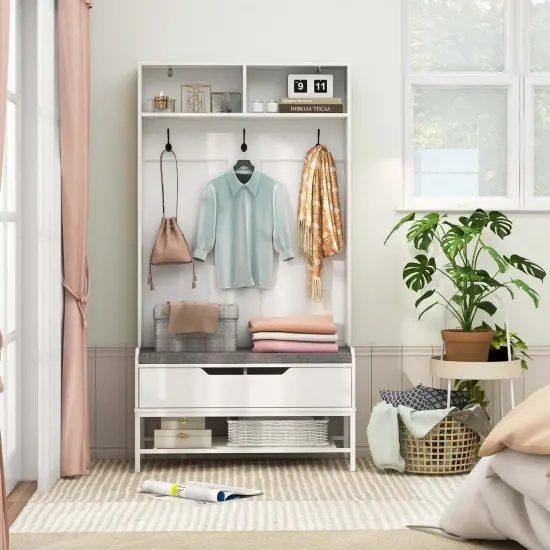 Costway 69" Tall Hall Tree with Seat Cushion Open Compartments Hooks Lift-top Storage White/Black/Rustic Brown {2}