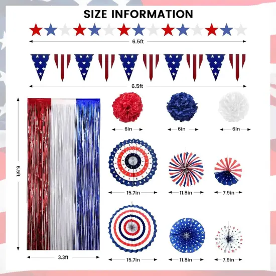 4th of July Decorations Patriotic Decor American Flag Red White Blue Paper Fans Independence Day Star Streamer, Foil Fringe Curtain, Pom Poms, USA Pennant Bunting Party Decor Supplies {3}