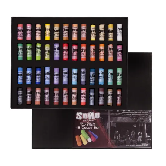 SoHo Urban Artist Soft Pastels Set of 48 Unique, Vibrant Colors - Half Stick 1.3" Long, Soft Pastels for Artists, Velvety Texture, Lightfast, Perfect for Layering & Blending {1}