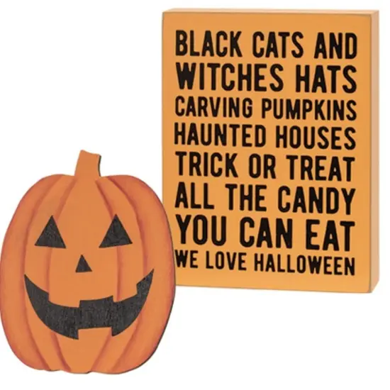 2/Set Halloween Black Cats Box Sign and Pumpkin Easel Tabletop Decor {1}